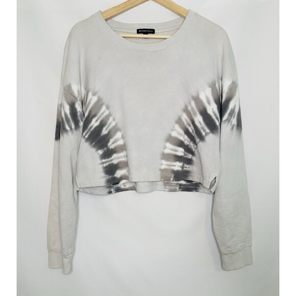 Beyond Yoga Weekend Boxy Cropped Pullover Gray Tie Dye Sweatshirt Women's LARGE - Picture 2 of 13